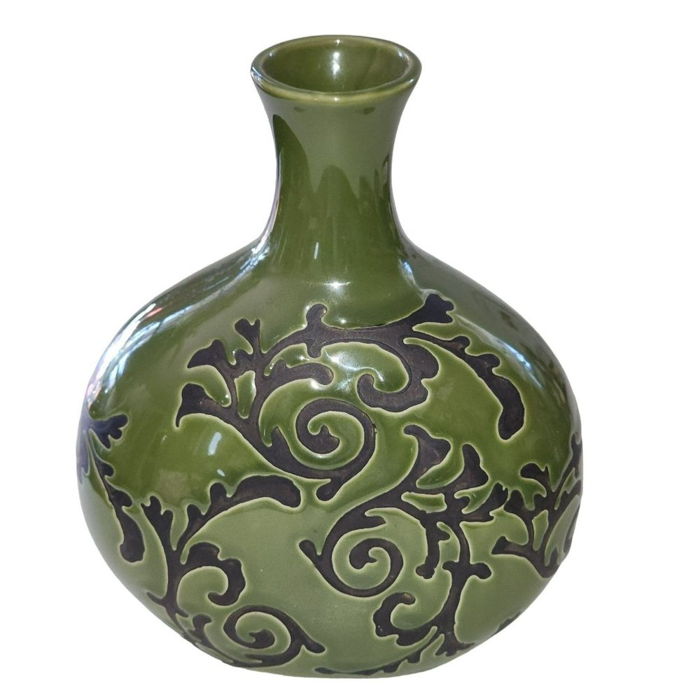 Vintage‎ Green Pottery Vase Embossed Black Vine Design Collectible 8"Hx6.5"Wx3"D